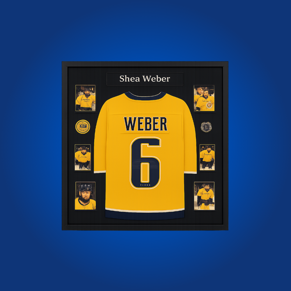 Shea Weber’s full framed Nashville Predators yellow jersey, hand-signed, is a bold collectible for fans, commemorating the captain’s leadership and legacy in Nashville.