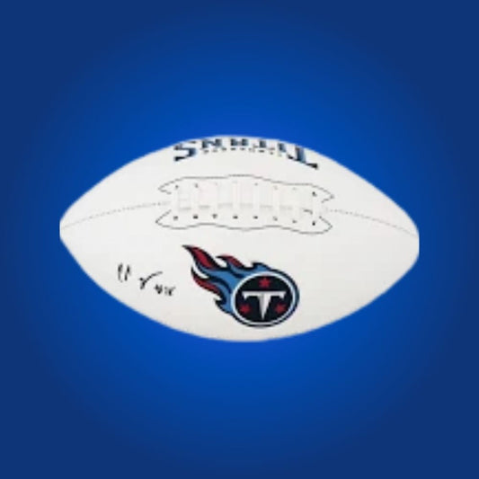 Chris Johnson signed Titans logo football, featuring running back’s signature and team branding.