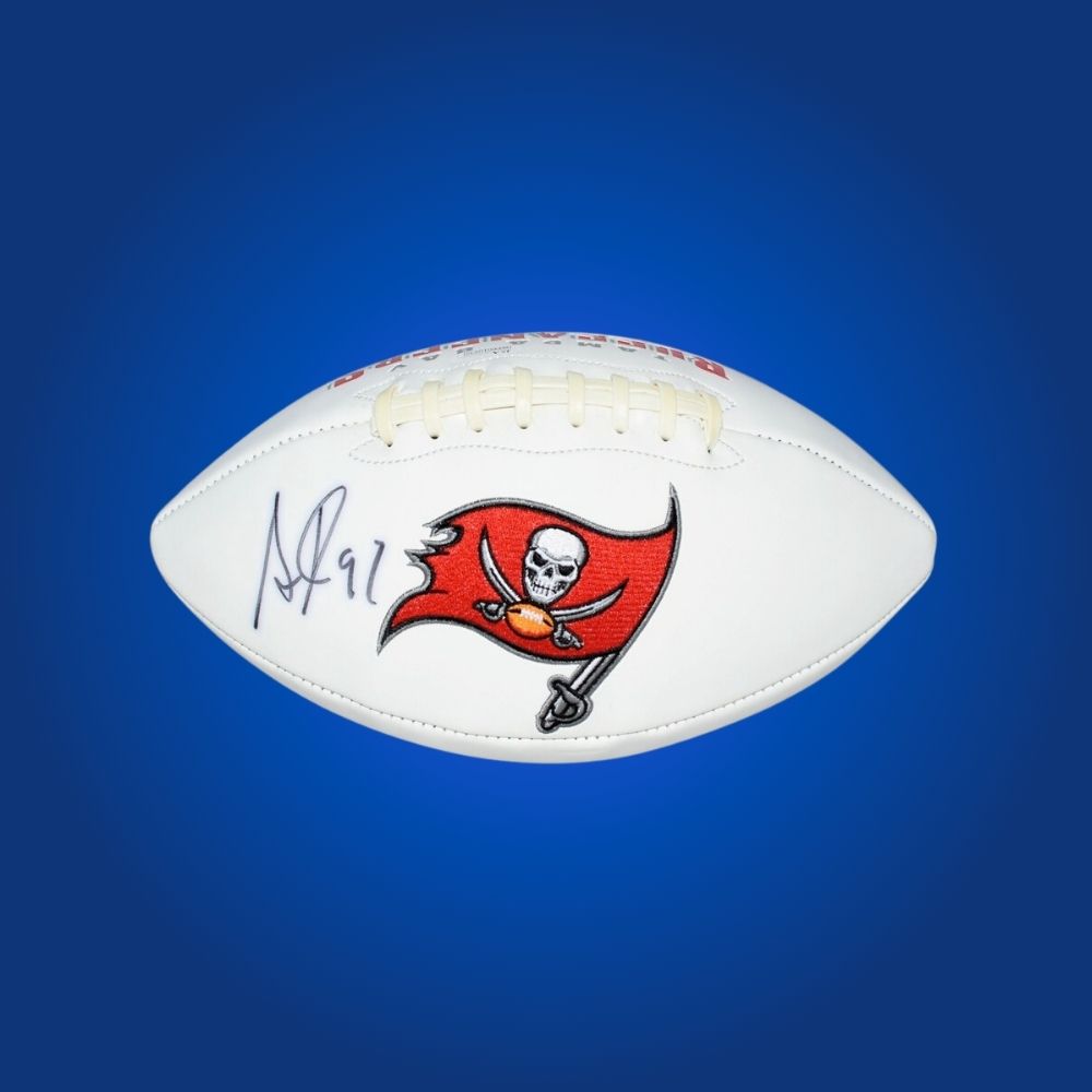 Simeon Rice autographed Buccaneers logo football, featuring pass rusher’s signature and Buccaneers branding.
