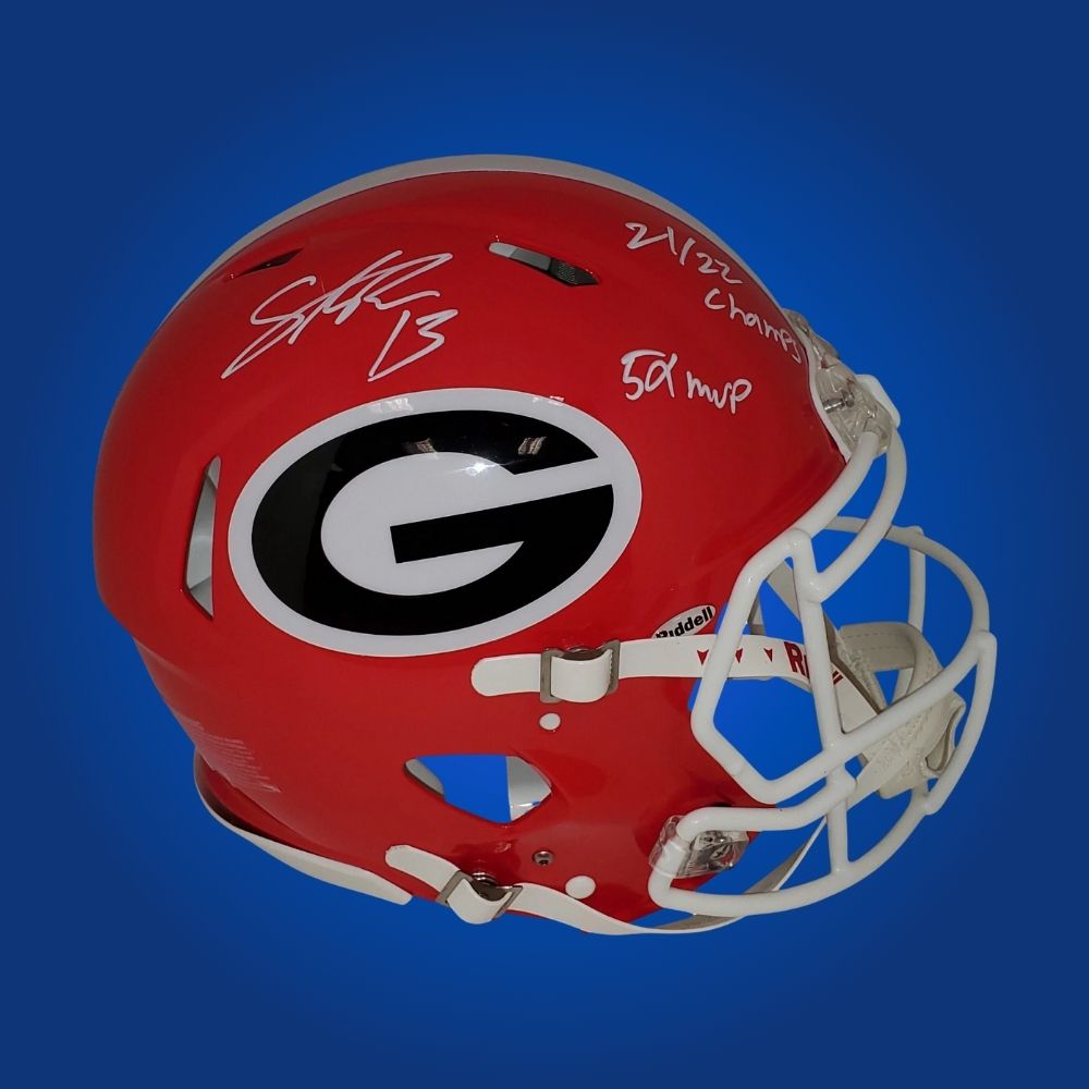 Autographed Georgia Bulldogs full size Authentic Helmet signed by Stetson Bennett, presented on a white background. SportsMarkets memorabilia image.
