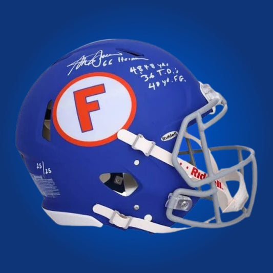 Autographed Florida Gators full size Authentic Helmet signed by Steve Spurrier, featured on a white background. SportsMarkets collectible image.