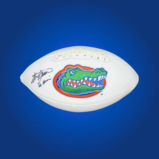 Steve Spurrier autographed Florida Gators white logo football, unique memorabilia for Gators fans and collectors.