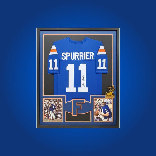 Steve Spurrier Signed Full Framed Custom Florida Gators Jersey – autographed memorabilia, legendary coach collectible, celebrate Florida Gators legacy.