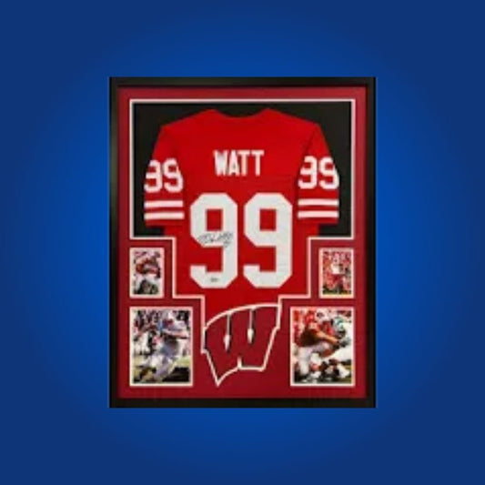 T.J. Watt Signed Full Framed Custom Wisconsin Badgers Jersey – autographed memorabilia, NFL star linebacker collectible, a must-have for Badgers fans.