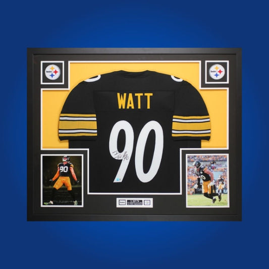 Framed Pittsburgh Steelers custom jersey signed by T.J. Watt with Certificate of Authenticity.