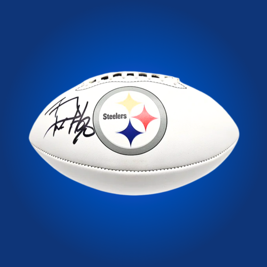 T.J. Watt signed Pittsburgh Steelers logo football, showcasing his signature, great for Steelers supporters.