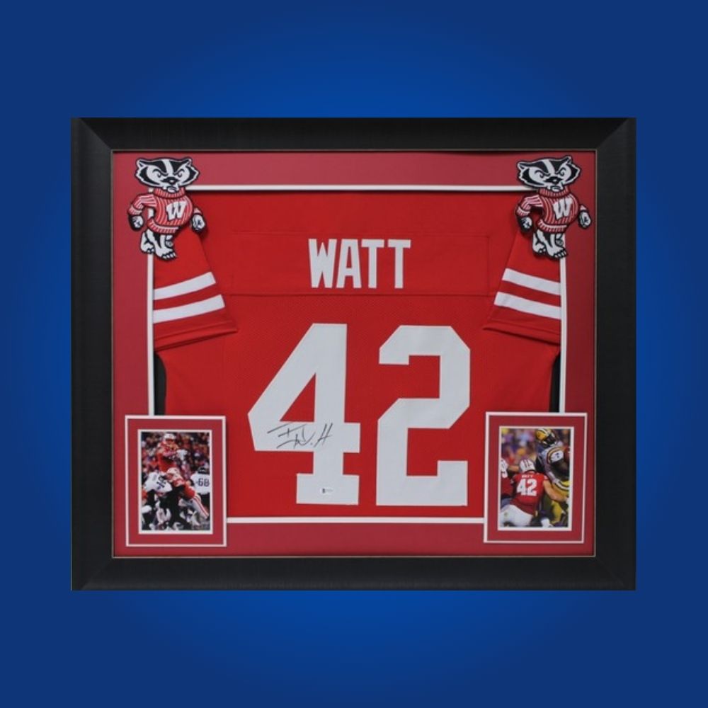 T.J. Watt Signed Full Framed Custom Wisconsin Badgers Jersey – autographed memorabilia, NFL star linebacker collectible, a must-have for Badgers fans.
