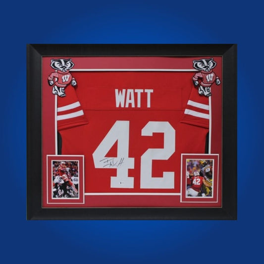 T.J. Watt Signed Full Framed Custom Wisconsin Badgers Jersey – autographed memorabilia, NFL star linebacker collectible, a must-have for Badgers fans.