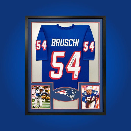 Autographed New England Patriots custom jersey by Teddy Bruschi with Certificate of Authenticity.