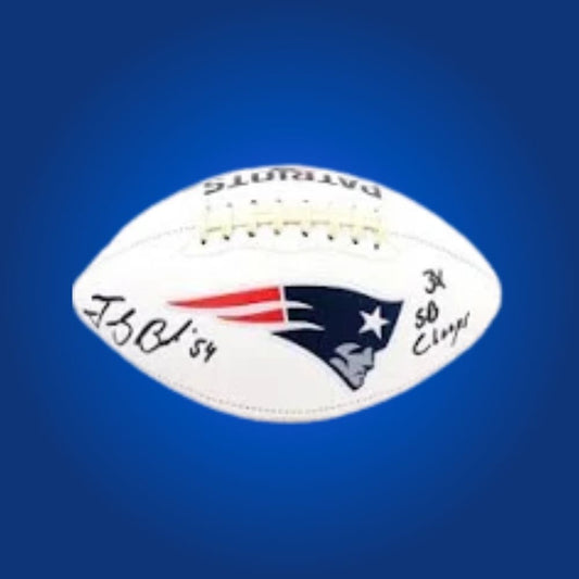 Teddy Bruschi-signed Patriots football, showcasing logo and authenticated autograph.
