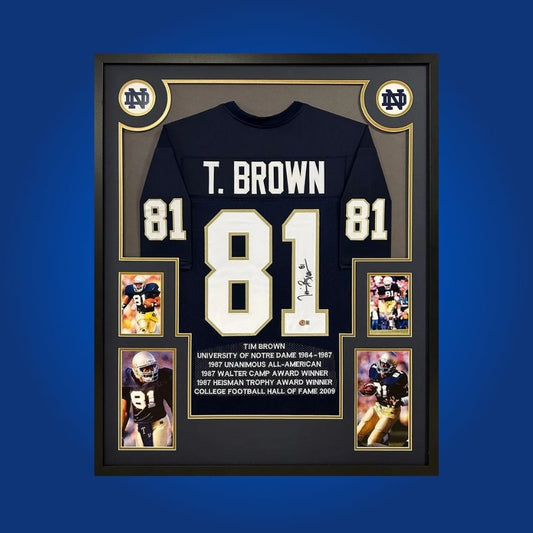 Tim Brown Signed Full Framed Custom Notre Dame Fighting Irish Jersey – autographed memorabilia, Heisman Trophy winner collectible, essential for Fighting Irish fans.
