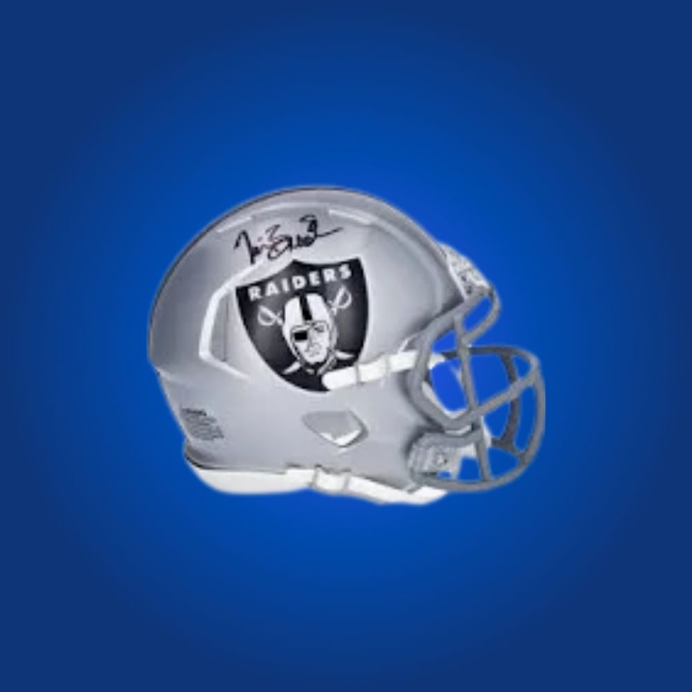 Las Vegas Raiders Silver Speed Mini Helmet signed by Tim Brown, Certificate of Authenticity included