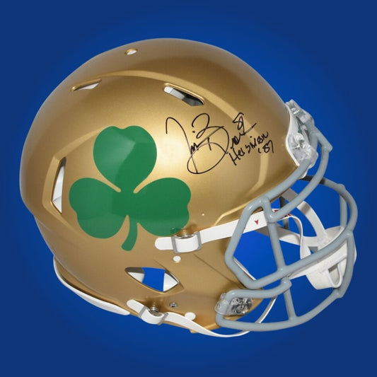 Autographed Notre Dame Fighting Irish full size Authentic Helmet signed by Tim Brown, presented against a clean white background. SportsMarkets memorabilia photo.