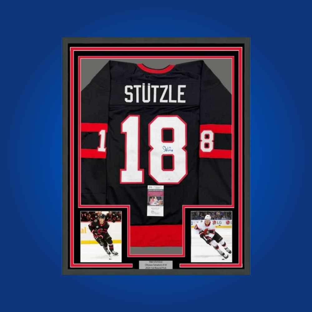 Tim Stutzle’s autographed full framed Ottawa Senators black jersey is an exciting collectible, spotlighting the rising star’s skill and potential as a franchise cornerstone.