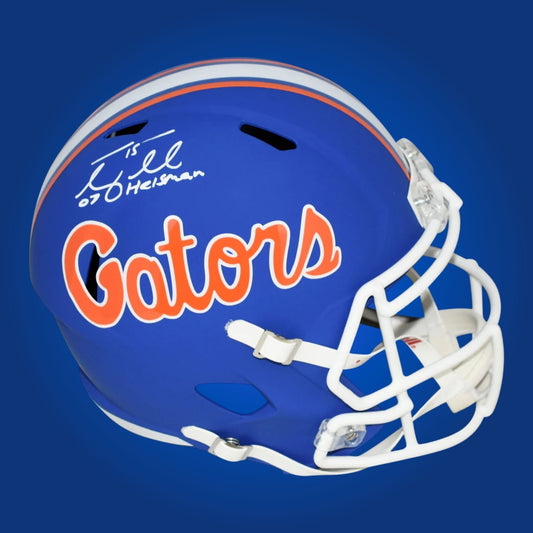Autographed Florida Gators full size replica helmet signed by Tim Tebow, shown on a clean white background. SportsMarkets product photo.