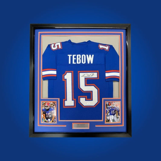 Tim Tebow Signed Full Framed Custom Florida Gators Jersey – autographed memorabilia, Heisman-winning quarterback collectible, a tribute to Florida football greatness.