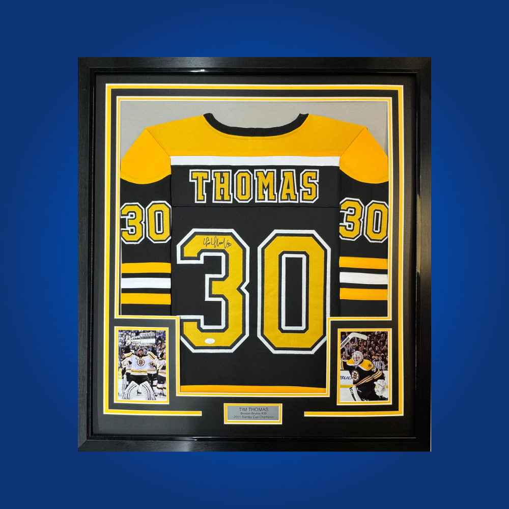 Tim Thomas’ signed full framed Boston Bruins jersey captures the spirit of a Stanley Cup-winning goaltender. Perfect for fans wanting to commemorate Thomas’ legendary run and Bruins history.