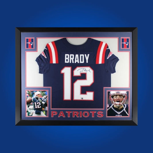 Framed New England Patriots custom jersey signed by Tom Brady with Certificate of Authenticity.