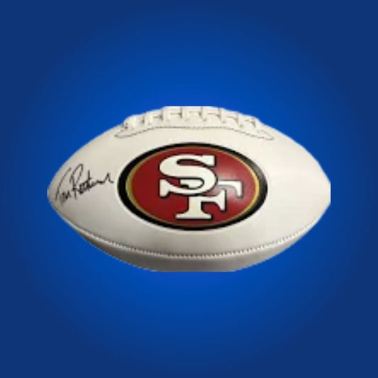 Tom Rathman autographed 49ers logo football, featuring running back’s signature and logo.