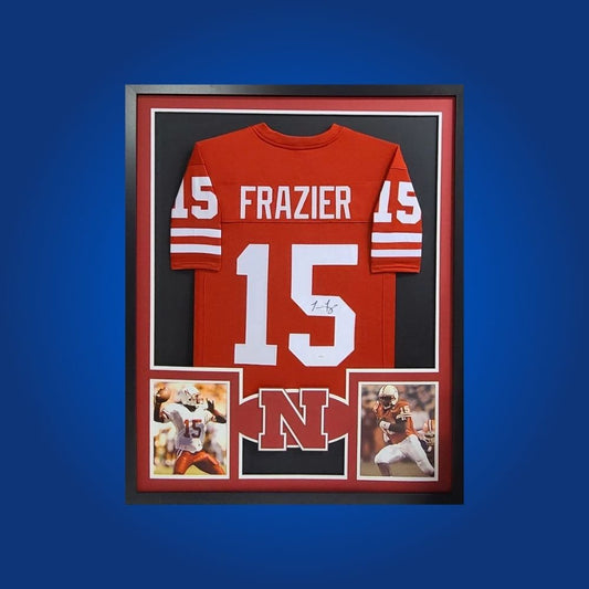 Tommie Frazier Signed Full Framed Custom Nebraska Cornhuskers Jersey – autographed memorabilia, legendary quarterback collectible, centerpiece for Cornhuskers fans.