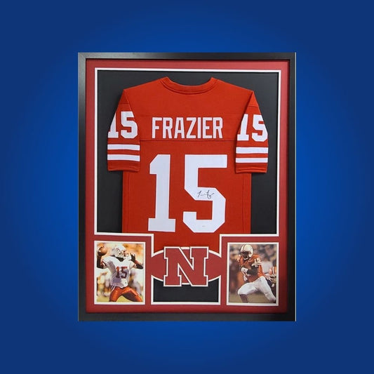 Tommy Frazier Signed Full Framed Custom Nebraska Cornhuskers Jersey – autographed memorabilia, legendary quarterback collectible, centerpiece for Cornhuskers fans.