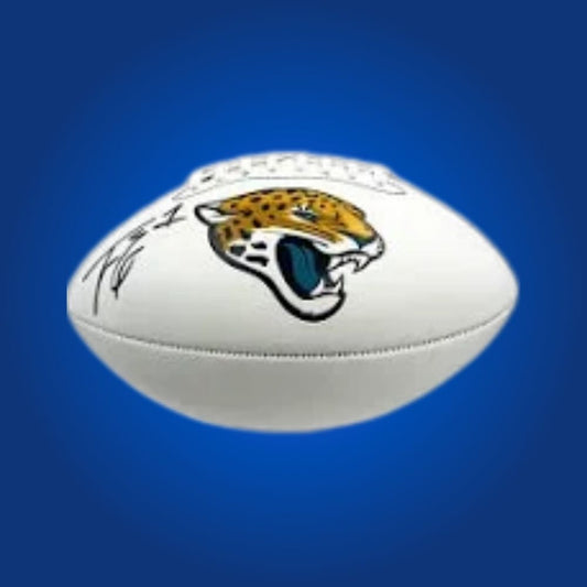 Travis Etienne signed Jacksonville Jaguars logo football, an essential addition for devoted fans and NFL memorabilia collectors, certificate of authenticity included.