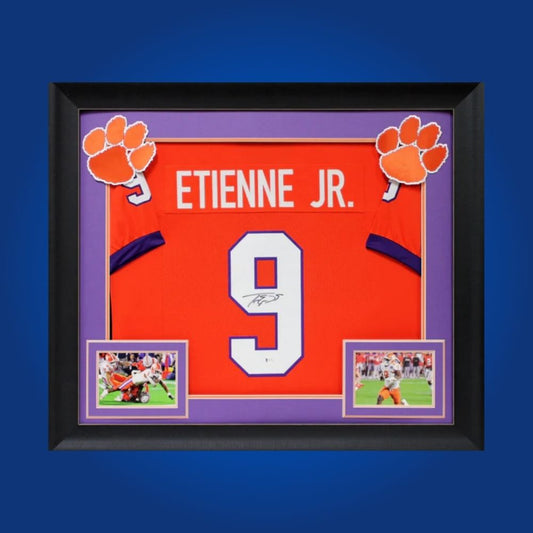 Travis Etienne Jr Signed Full Framed Custom Clemson Tigers Jersey – autographed memorabilia, star running back collectible, must-have for Tigers fans.