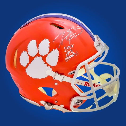 Autographed Clemson Tigers full size Authentic Helmet signed by Travis Etienne, presented on a white background. SportsMarkets product image.