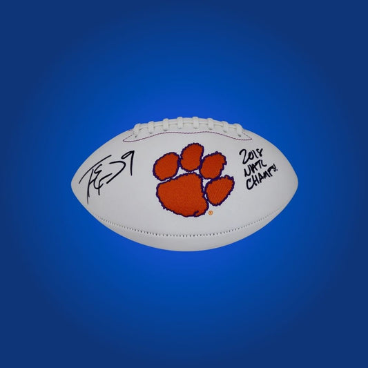 Travis Etienne autographed Clemson Tigers white logo football, authentic football for devoted Clemson fans.