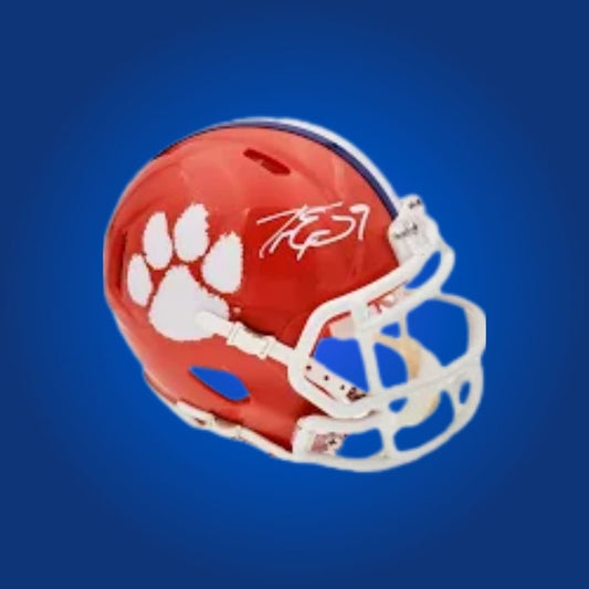 Travis Etienne signed Clemson Tigers mini helmet, must-have collectible for college football fans and Tigers supporters.