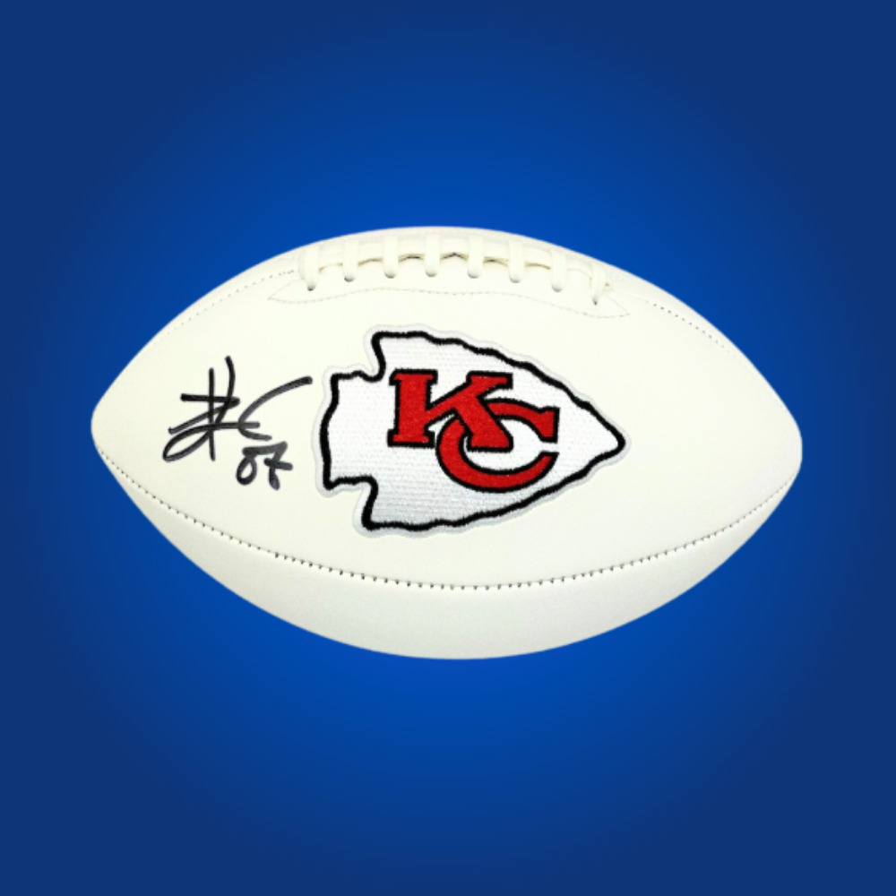 Travis Kelce signed Kansas City Chiefs logo football, featuring his autograph, perfect for Chiefs supporters and collectors.