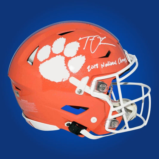 Autographed Clemson Tigers full size Authentic Helmet signed by Trevor Lawrence, displayed on a white background. SportsMarkets product image.