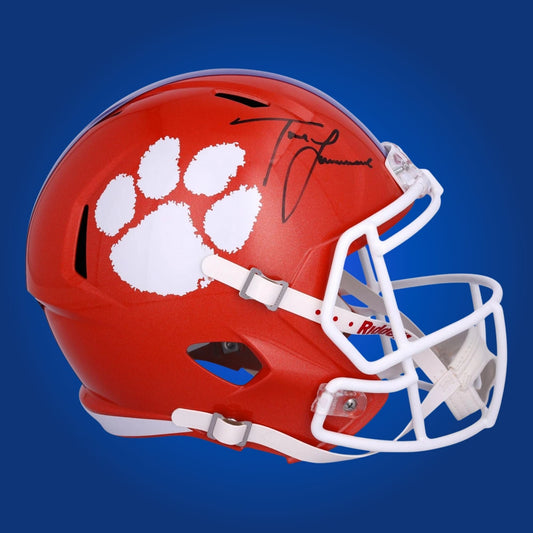 Autographed Clemson Tigers full size replica helmet signed by Trevor Lawrence, displayed on a white background. SportsMarkets product image.