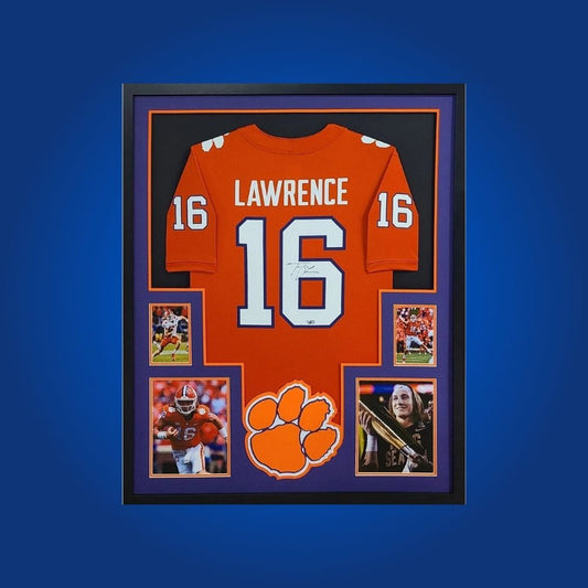 Trevor Lawerence Signed Full Framed Custom Clemson Tigers Jersey – autographed memorabilia, Clemson’s championship quarterback collectible, for true Tigers fans.