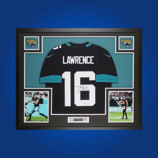 Framed Jacksonville Jaguars custom jersey signed by Trevor Lawrence with Certificate of Authenticity.