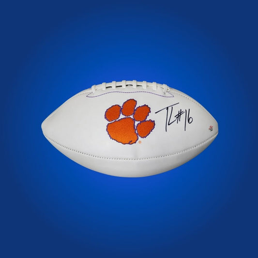 Trevor Lawrence signed Clemson Tigers white logo football, collectible item for Clemson Tigers supporters and fans.