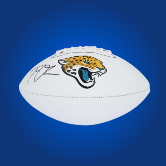 Trevor Lawrence signed Jacksonville Jaguars logo football, with a genuine autograph, perfect for Jaguars fans.