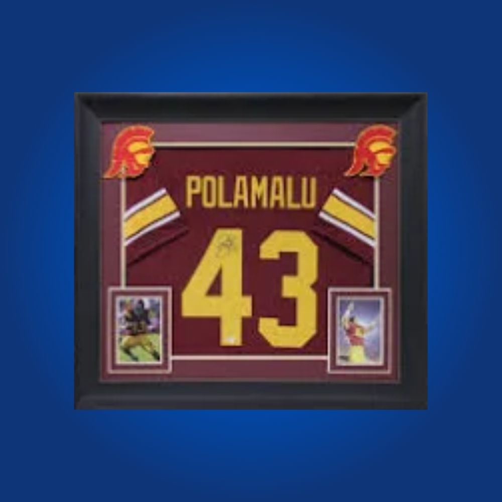 Troy Polamalu Signed Full Framed Custom USC Trojans Jersey – autographed memorabilia, Hall of Fame safety collectible, iconic Trojans fan jersey.
