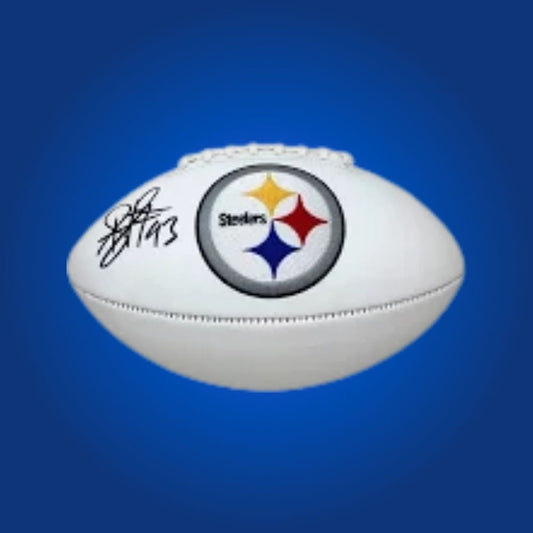 Troy Polamalu autographed Steelers logo football, showing team logo and Hall of Fame signature.