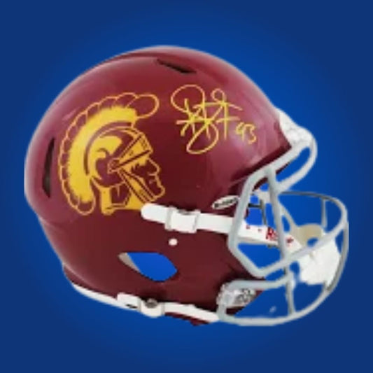 Autographed full size Authentic Helmet by Troy Polamalu, legendary USC Trojans safety and NFL Hall of Famer, highlighted on a clean white background. The ideal addition to any USC or football memorabilia collection. SportsMarkets product photo.