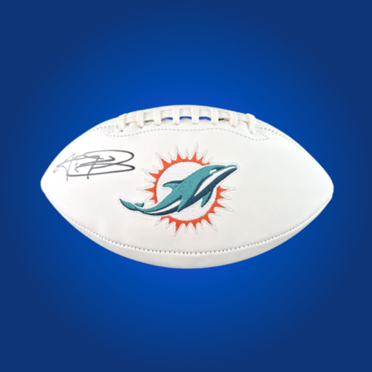 Tua Tagovailoa signed Miami Dolphins logo football featuring his genuine signature, perfect for Dolphins memorabilia and display.