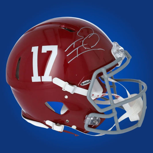 Autographed Alabama Crimson Tide full size Authentic Helmet signed by Tua Tagovailoa, displayed on a white background. SportsMarkets product image.