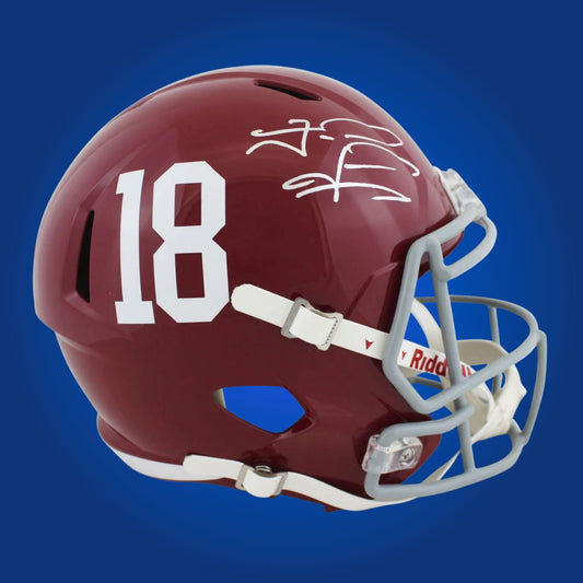 Autographed Alabama Crimson Tide full size replica helmet signed by Tua Tagovailoa, displayed on a white background. SportsMarkets product image.
