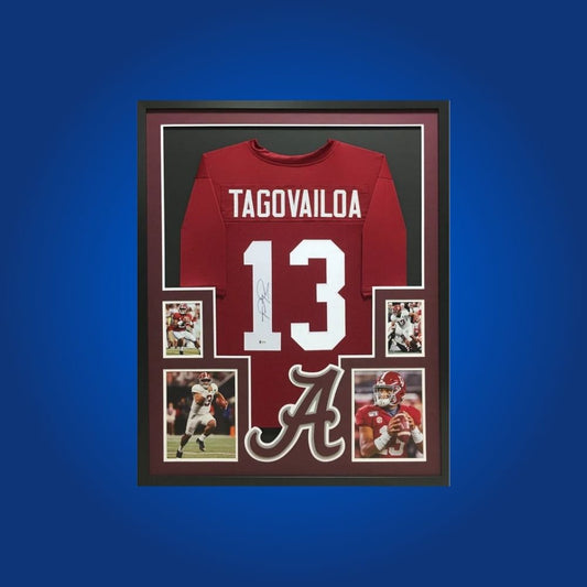Tua Tagovailoa Signed Full Framed Custom Alabama Crimson Tide Jersey – autographed memorabilia, national champion quarterback collectible, ideal for Alabama fans.