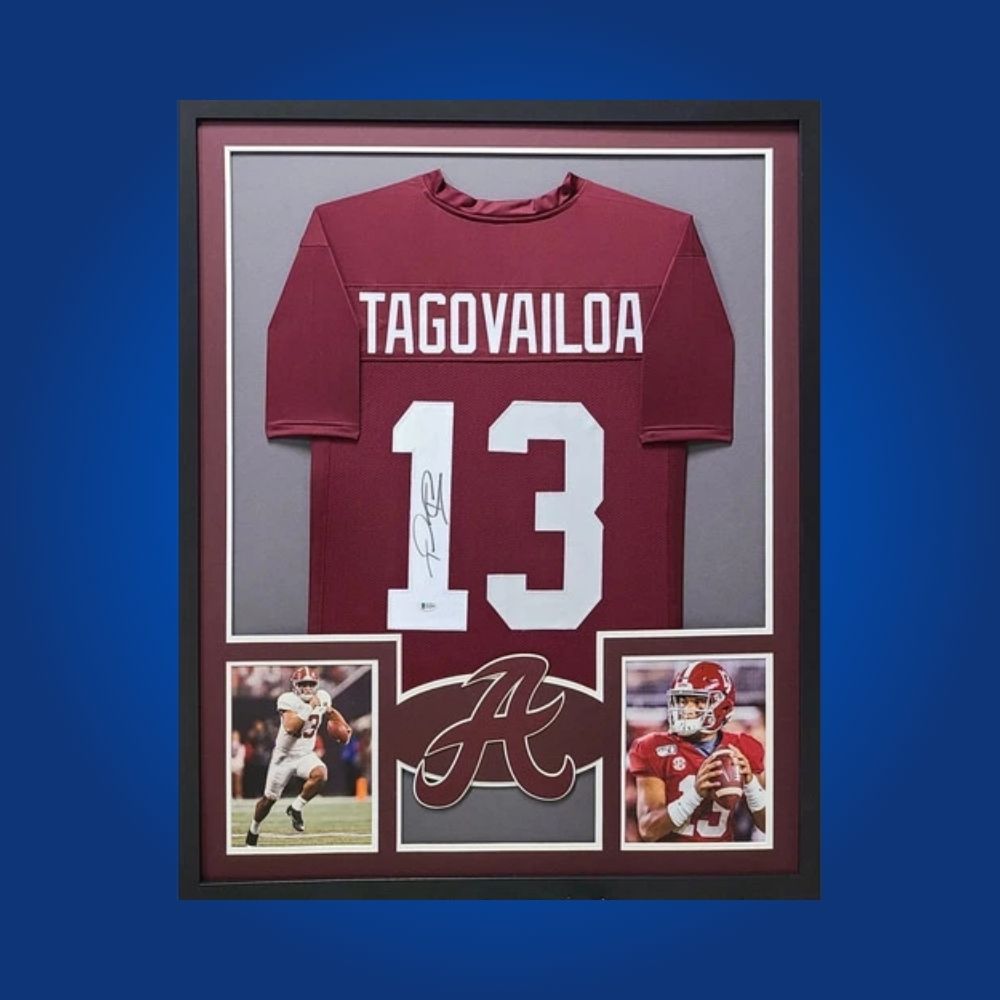 Tua Tagovailoa Signed Full Framed Custom Alabama Crimson Tide Jersey – autographed memorabilia, national champion quarterback collectible, ideal for Alabama fans.