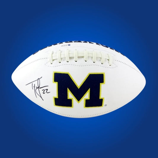 Ty Law autographed Michigan Wolverines white logo football, excellent collectible for Michigan fans and memorabilia collectors.