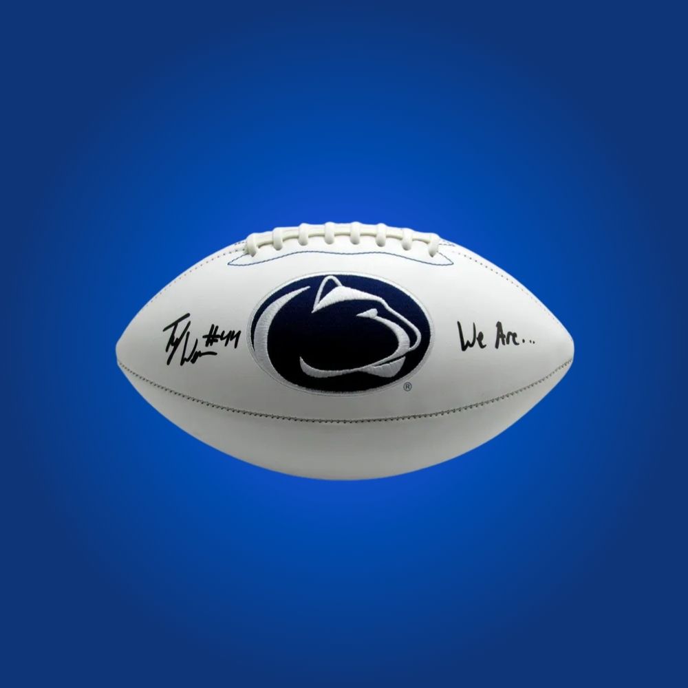 Autographed full size replica football by Tyler Warren, featuring Penn State Nittany Lions white logo. Certified authentic, a great collectible for Nittany Lions fans and memorabilia enthusiasts. Certificate of Authenticity included. Ball details may vary for catalog consistency.