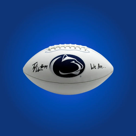 Autographed full size replica football by Tyler Warren, featuring Penn State Nittany Lions white logo. Certified authentic, a great collectible for Nittany Lions fans and memorabilia enthusiasts. Certificate of Authenticity included. Ball details may vary for catalog consistency.