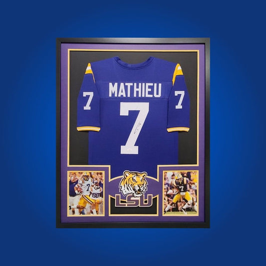 Tyrann Mathieu Signed Full Framed Custom LSU Tigers Jersey – autographed memorabilia, dynamic defensive back collectible, perfect for LSU fanatics.