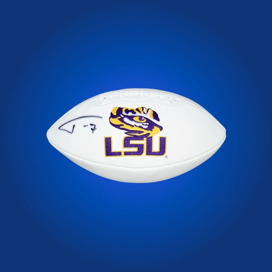 Tyrann Mathieu autographed LSU Tigers white logo football, excellent memorabilia for LSU fans and collectors.